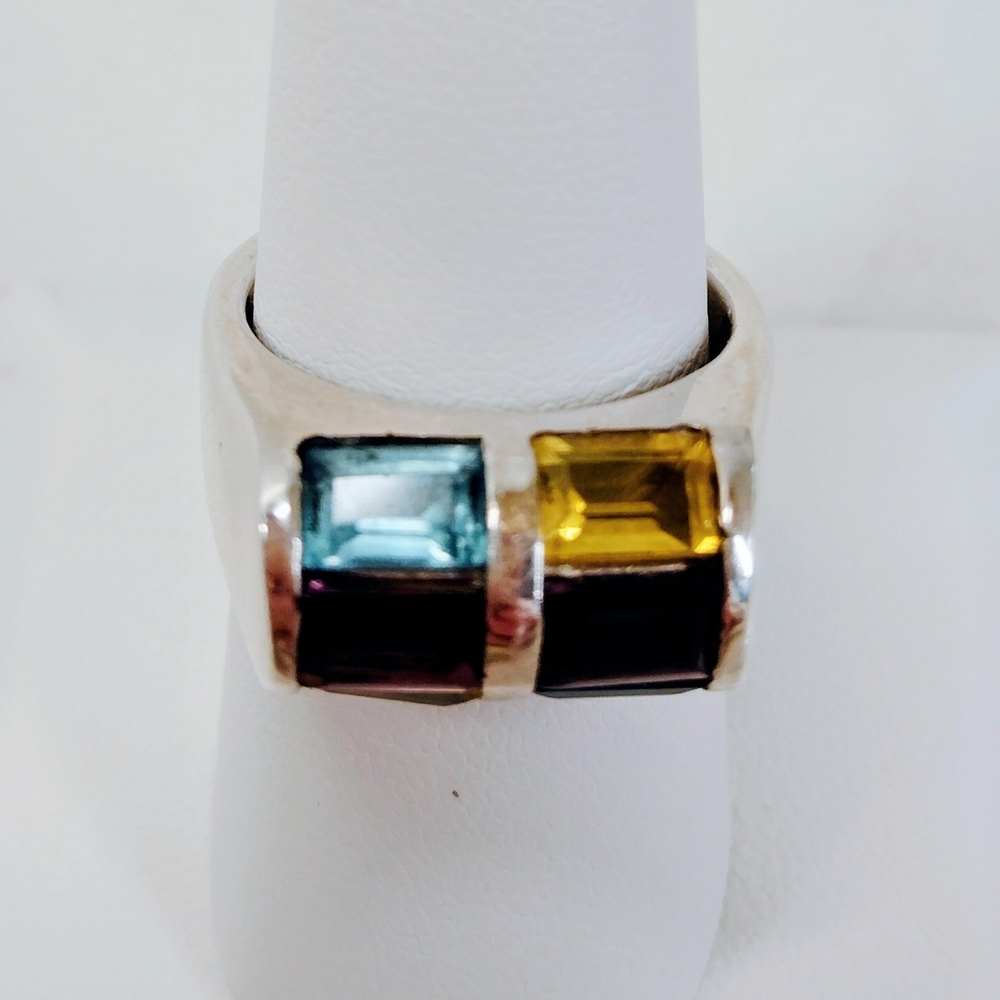 925 Sterling Ring with Amethyst Citrine And Sky Blue Topaz Gemstones